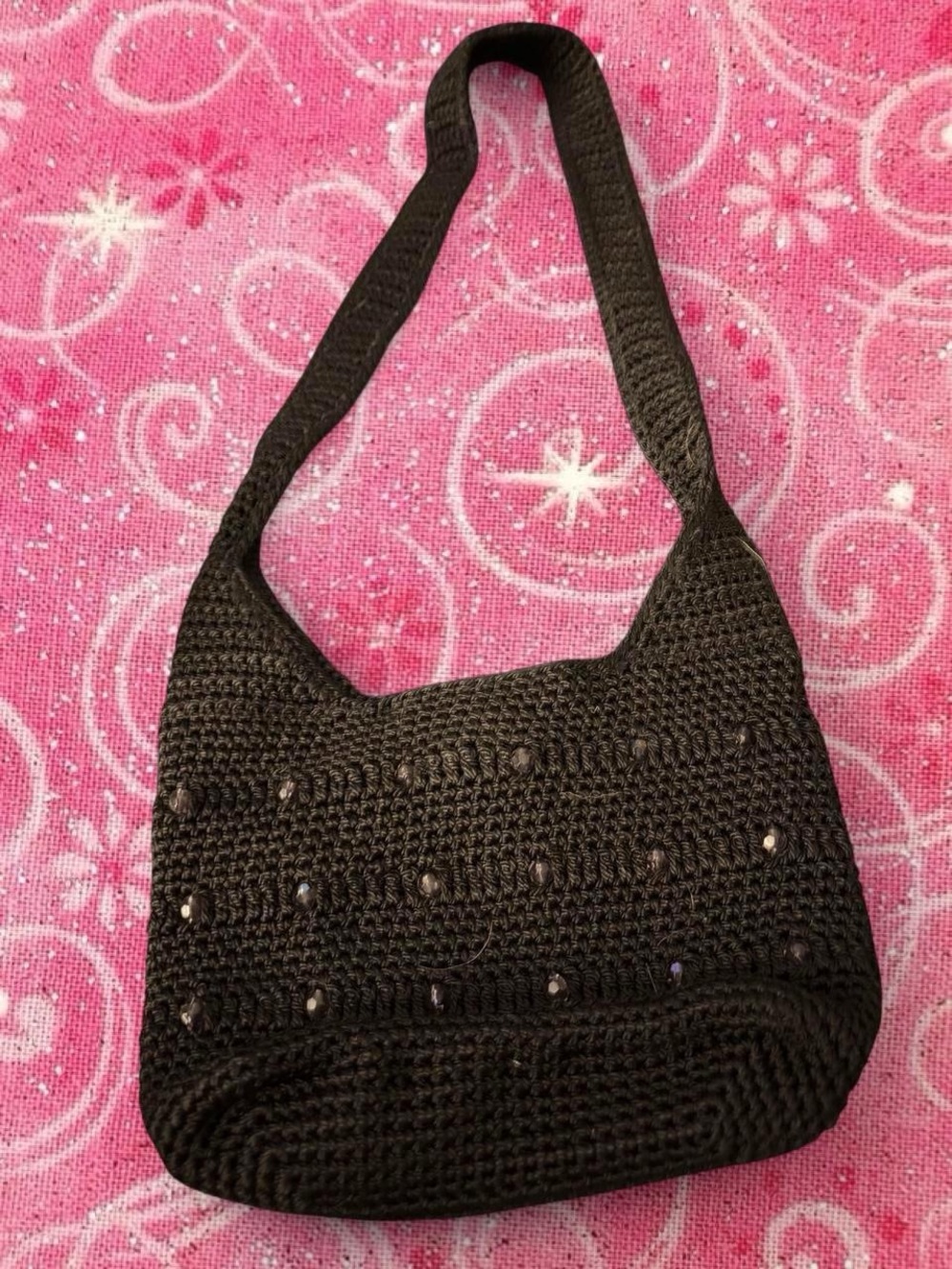 Black Crochet Beaded Shoulder Bag - Women